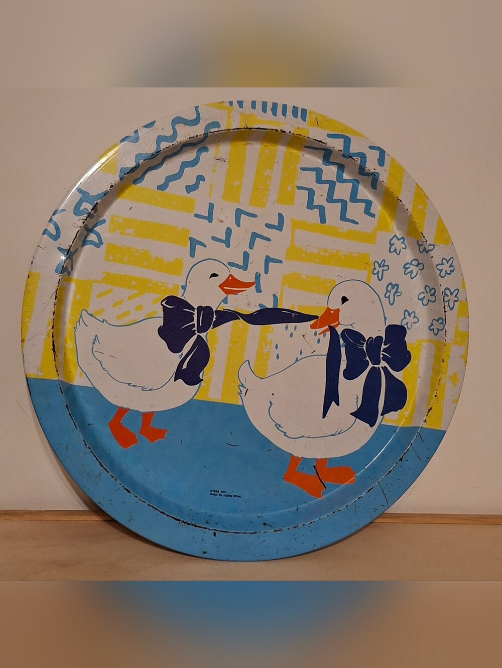Vintage 1988 Giftco metal tray 13", 2 geese wearing blue bows playing